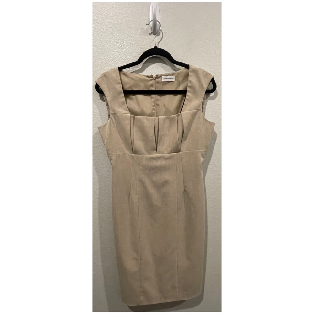 CALVIN KLEIN Camel Pleat Detailing Knee Length Sleeveless Dress